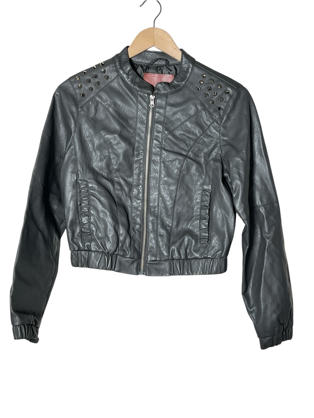 Miss London Studded Gray Faux Leather Bomber Jacket size medium M B87